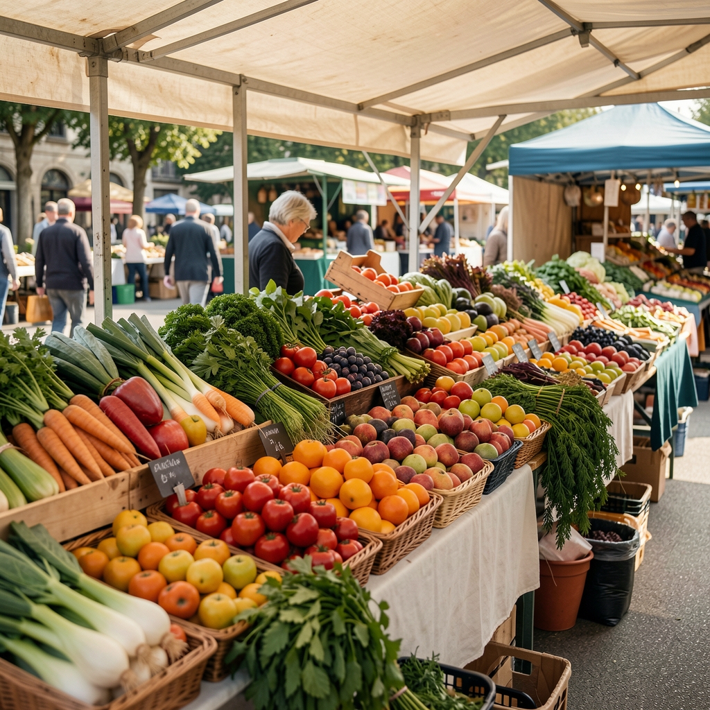 Frische Lebensmittelauswahl auf einem Marktstand mit buntem Gemüse, Früchten und Kräutern im Freien