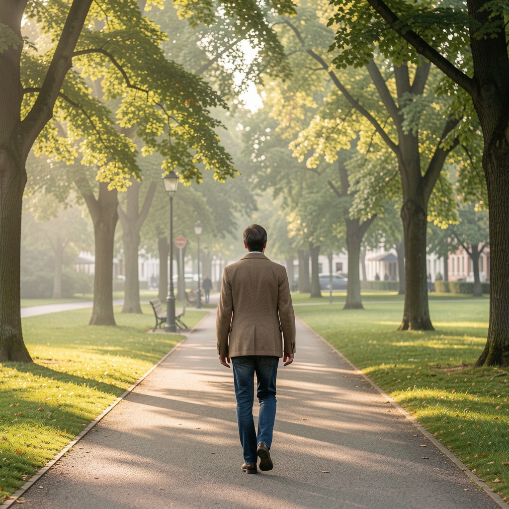 Person beim Morgenspaziergang in einem Zürcher Park, von hinten fotografiert, umgeben von Bäumen und weichem Morgenlicht